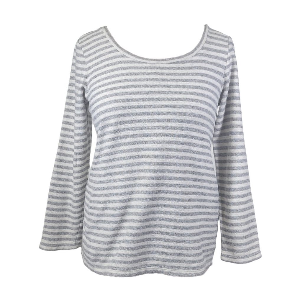 J JILL French Terry Gray & White Striped Top Shirt Small Cozy Soft Long Sleeve